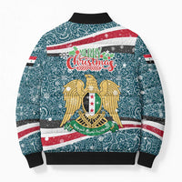 Syria Christmas Bomber Puffer Jacket with National Flag Motif, Coat of Arms Eagle, and Festive Snowflake Pattern - Wonder Print Shop