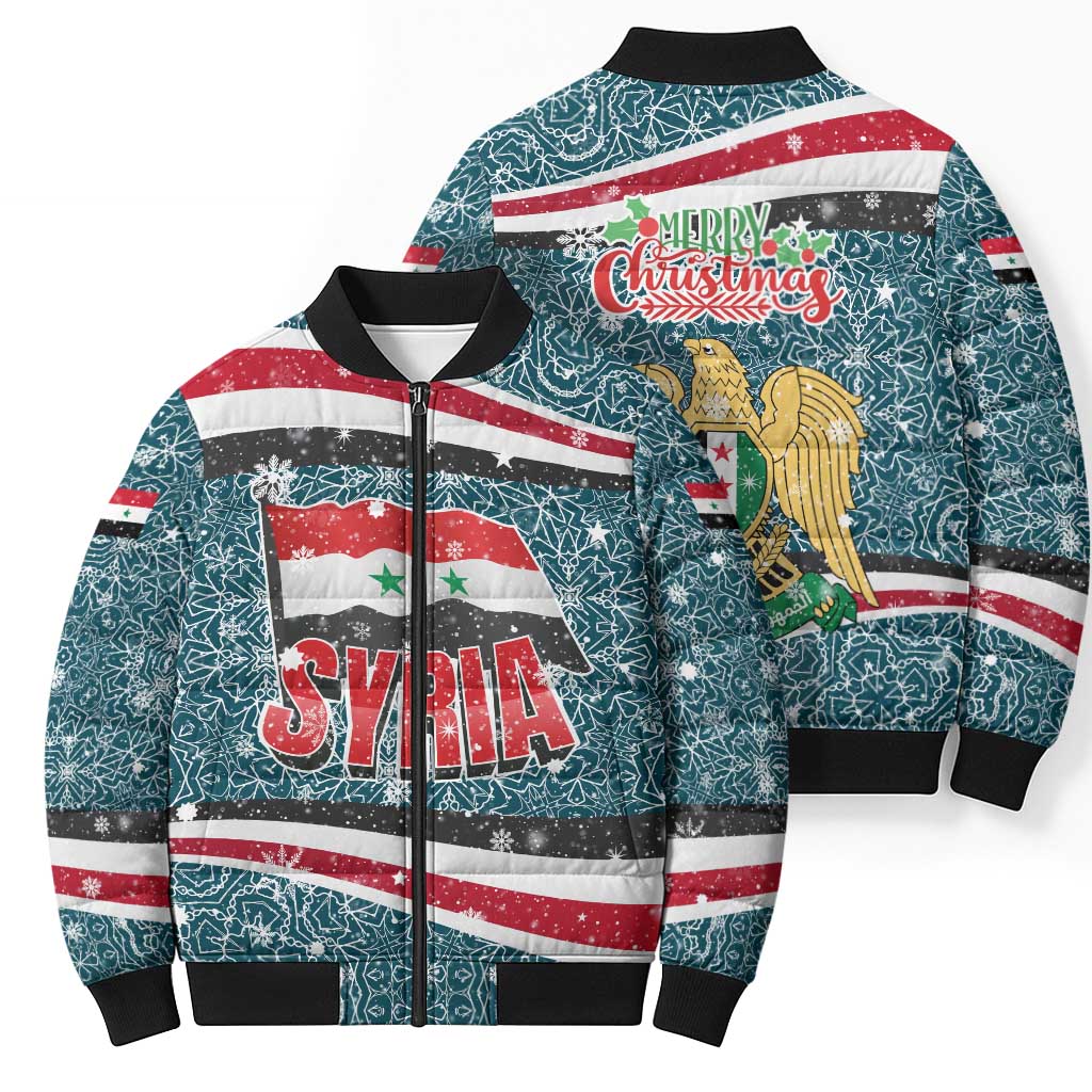 Syria Christmas Bomber Puffer Jacket with National Flag Motif, Coat of Arms Eagle, and Festive Snowflake Pattern - Wonder Print Shop
