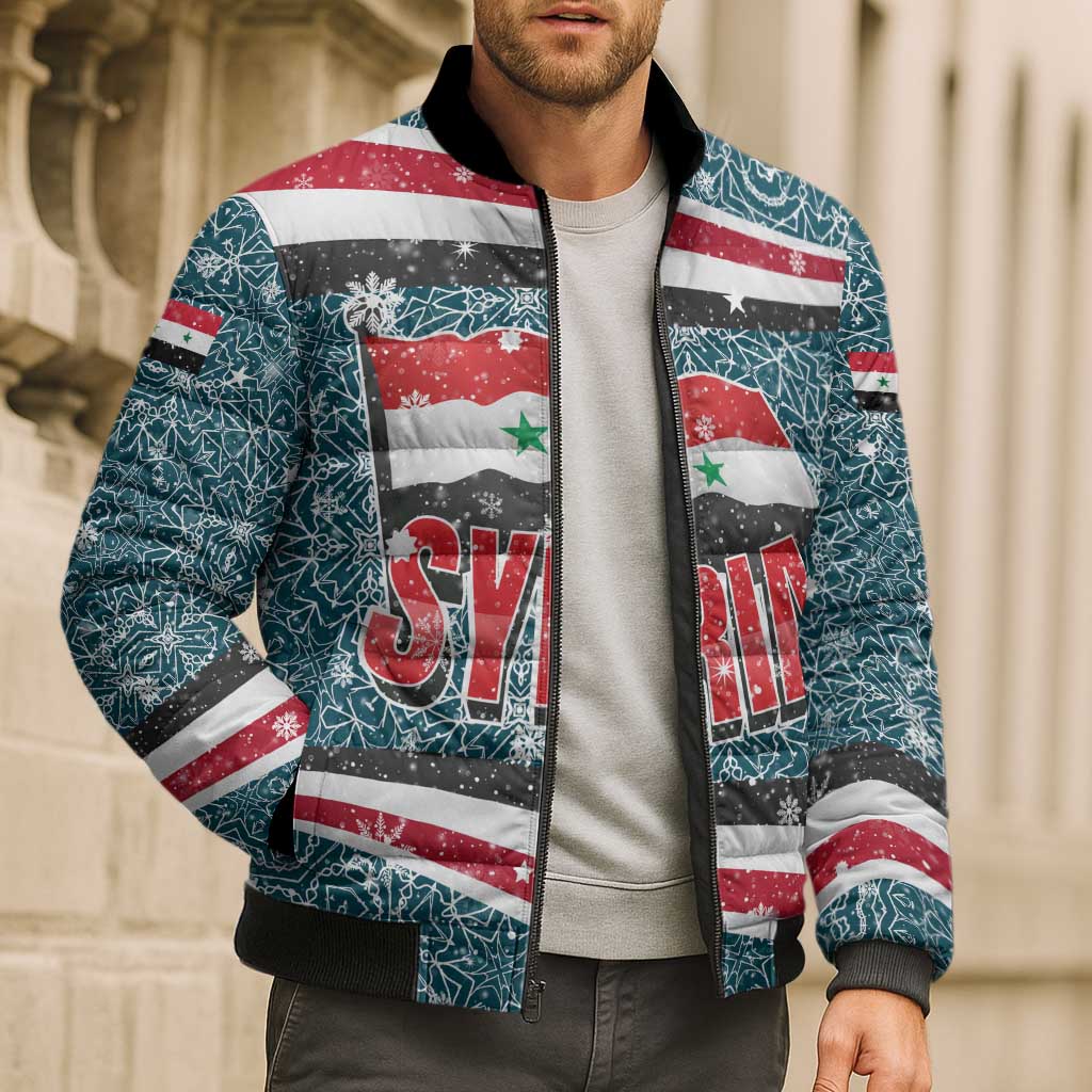 Syria Christmas Bomber Puffer Jacket with National Flag Motif, Coat of Arms Eagle, and Festive Snowflake Pattern - Wonder Print Shop