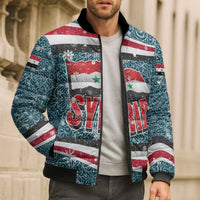 Syria Christmas Bomber Puffer Jacket with National Flag Motif, Coat of Arms Eagle, and Festive Snowflake Pattern - Wonder Print Shop