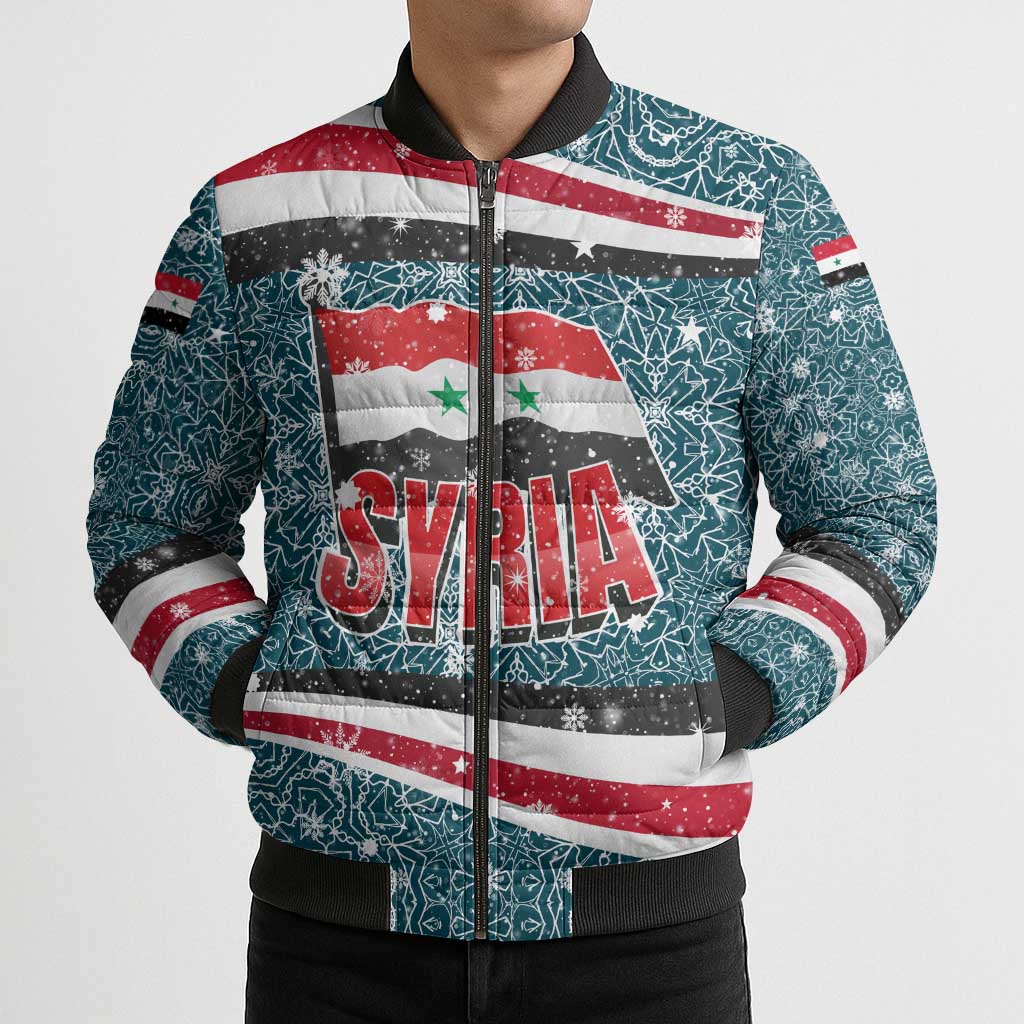 Syria Christmas Bomber Puffer Jacket with National Flag Motif, Coat of Arms Eagle, and Festive Snowflake Pattern - Wonder Print Shop