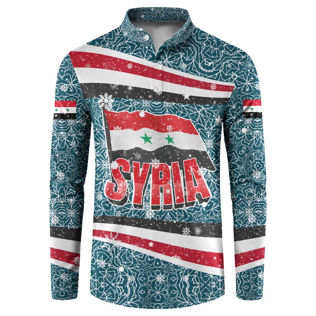 Syria Christmas Button Sweatshirt with National Flag Motif, Coat of Arms Eagle, and Festive Snowflake Pattern - Wonder Print Shop