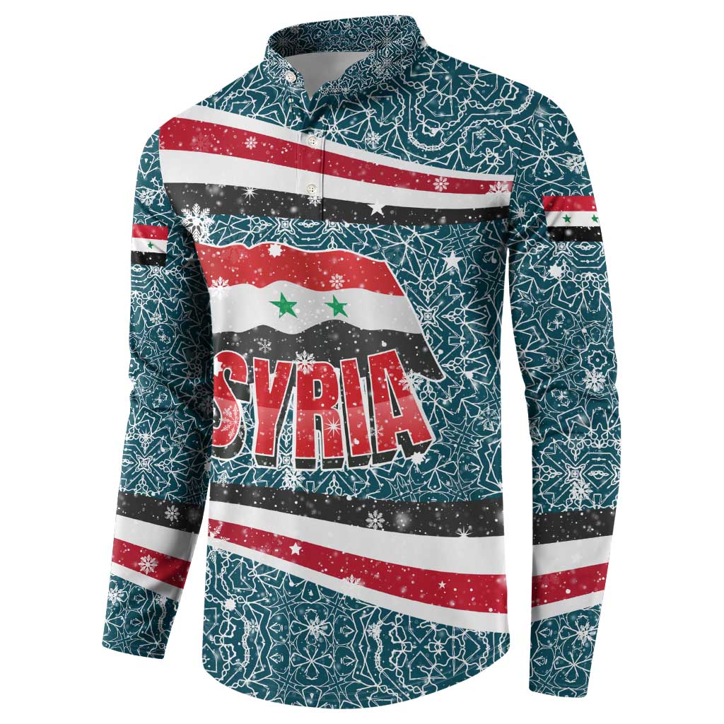 Syria Christmas Button Sweatshirt with National Flag Motif, Coat of Arms Eagle, and Festive Snowflake Pattern - Wonder Print Shop