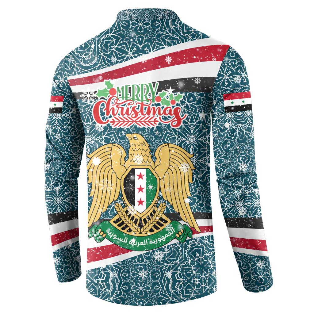 Syria Christmas Button Sweatshirt with National Flag Motif, Coat of Arms Eagle, and Festive Snowflake Pattern - Wonder Print Shop