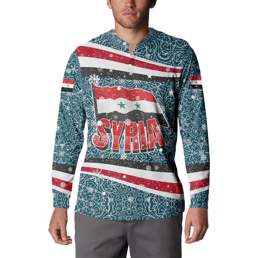 Syria Christmas Button Sweatshirt with National Flag Motif, Coat of Arms Eagle, and Festive Snowflake Pattern - Wonder Print Shop