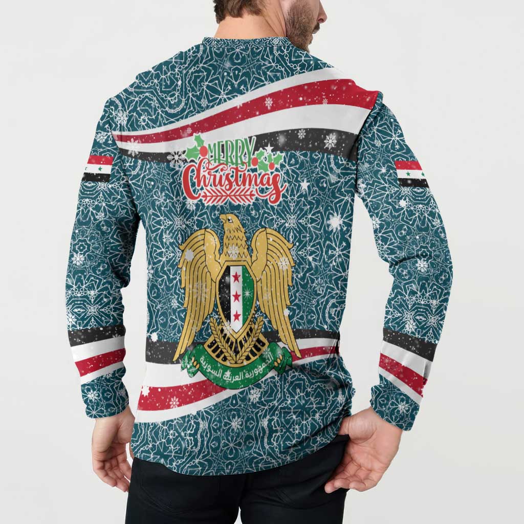 Syria Christmas Button Sweatshirt with National Flag Motif, Coat of Arms Eagle, and Festive Snowflake Pattern - Wonder Print Shop