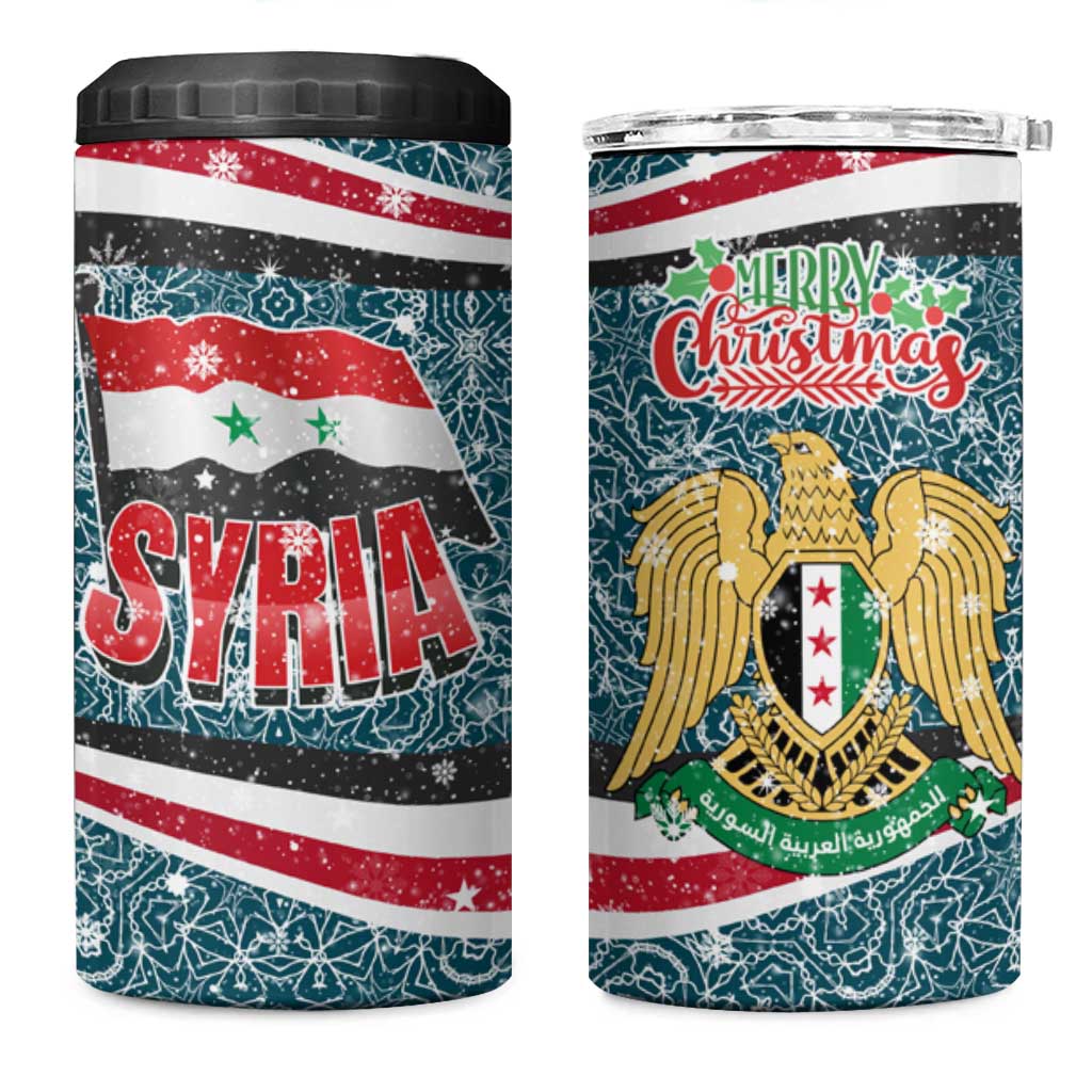 Syria Christmas 4 in 1 Can Cooler Tumbler with National Flag Motif, Coat of Arms Eagle, and Festive Snowflake Pattern - Wonder Print Shop