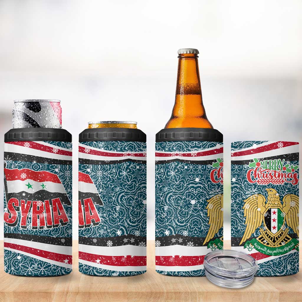 Syria Christmas 4 in 1 Can Cooler Tumbler with National Flag Motif, Coat of Arms Eagle, and Festive Snowflake Pattern - Wonder Print Shop