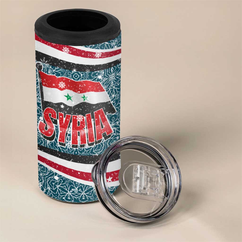 Syria Christmas 4 in 1 Can Cooler Tumbler with National Flag Motif, Coat of Arms Eagle, and Festive Snowflake Pattern - Wonder Print Shop