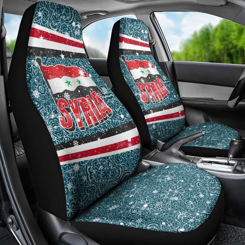 Syria Christmas Car Seat Cover with National Flag Motif, Coat of Arms Eagle, and Festive Snowflake Pattern - Wonder Print Shop