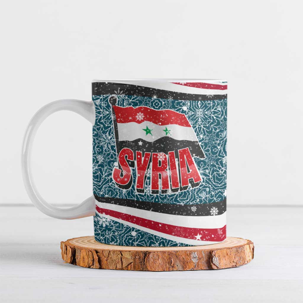 Syria Christmas Ceramic Mug with National Flag Motif, Coat of Arms Eagle, and Festive Snowflake Pattern - Wonder Print Shop