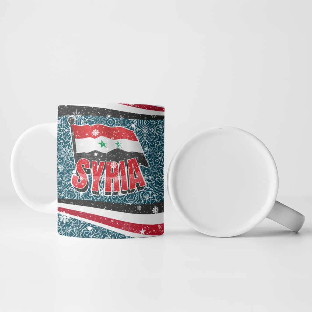 Syria Christmas Ceramic Mug with National Flag Motif, Coat of Arms Eagle, and Festive Snowflake Pattern - Wonder Print Shop