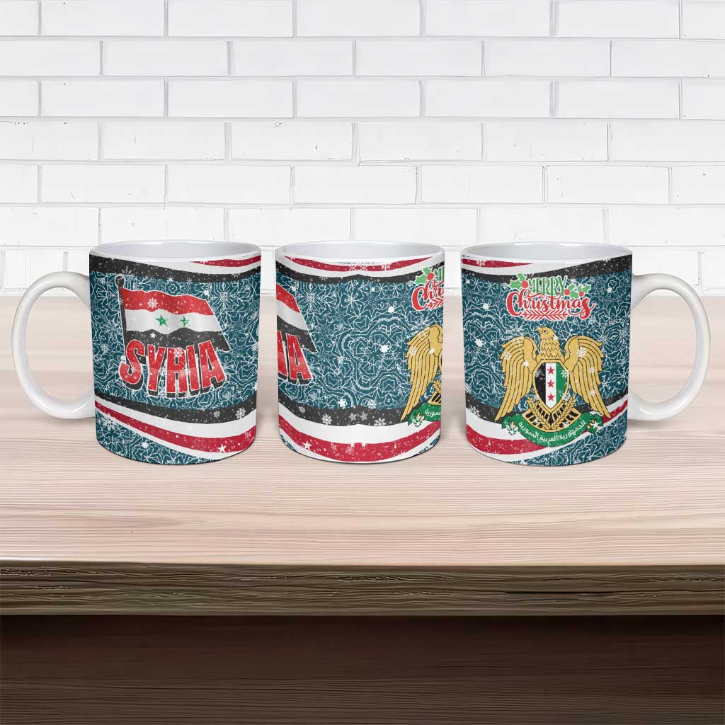 Syria Christmas Ceramic Mug with National Flag Motif, Coat of Arms Eagle, and Festive Snowflake Pattern - Wonder Print Shop