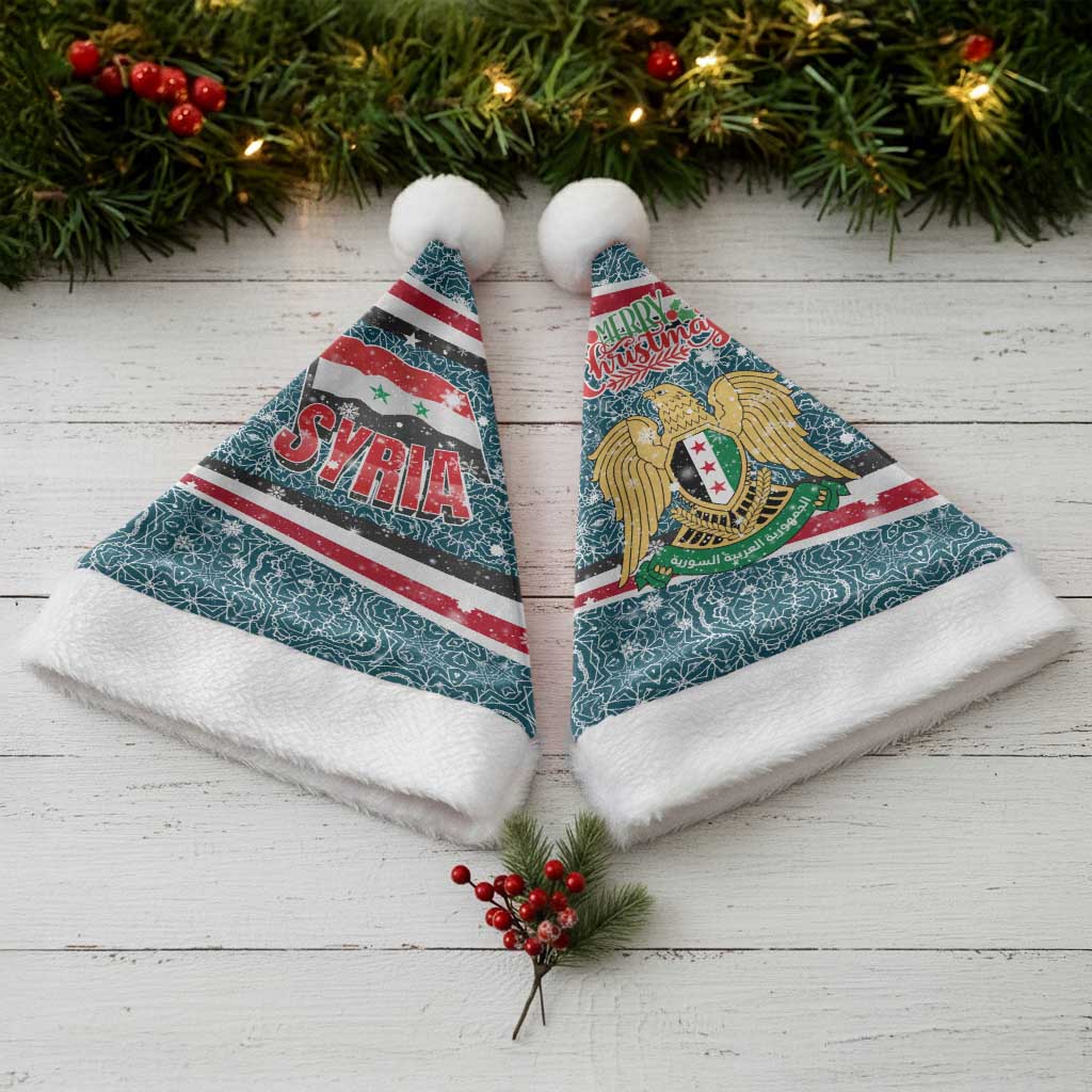 Syria Christmas Santa Hat with National Flag Motif, Coat of Arms Eagle, and Festive Snowflake Pattern - Wonder Print Shop