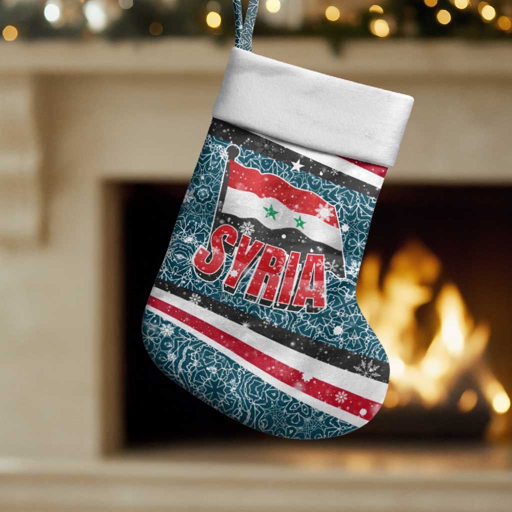 Syria Christmas Stocking with National Flag Motif, Coat of Arms Eagle, and Festive Snowflake Pattern - Wonder Print Shop