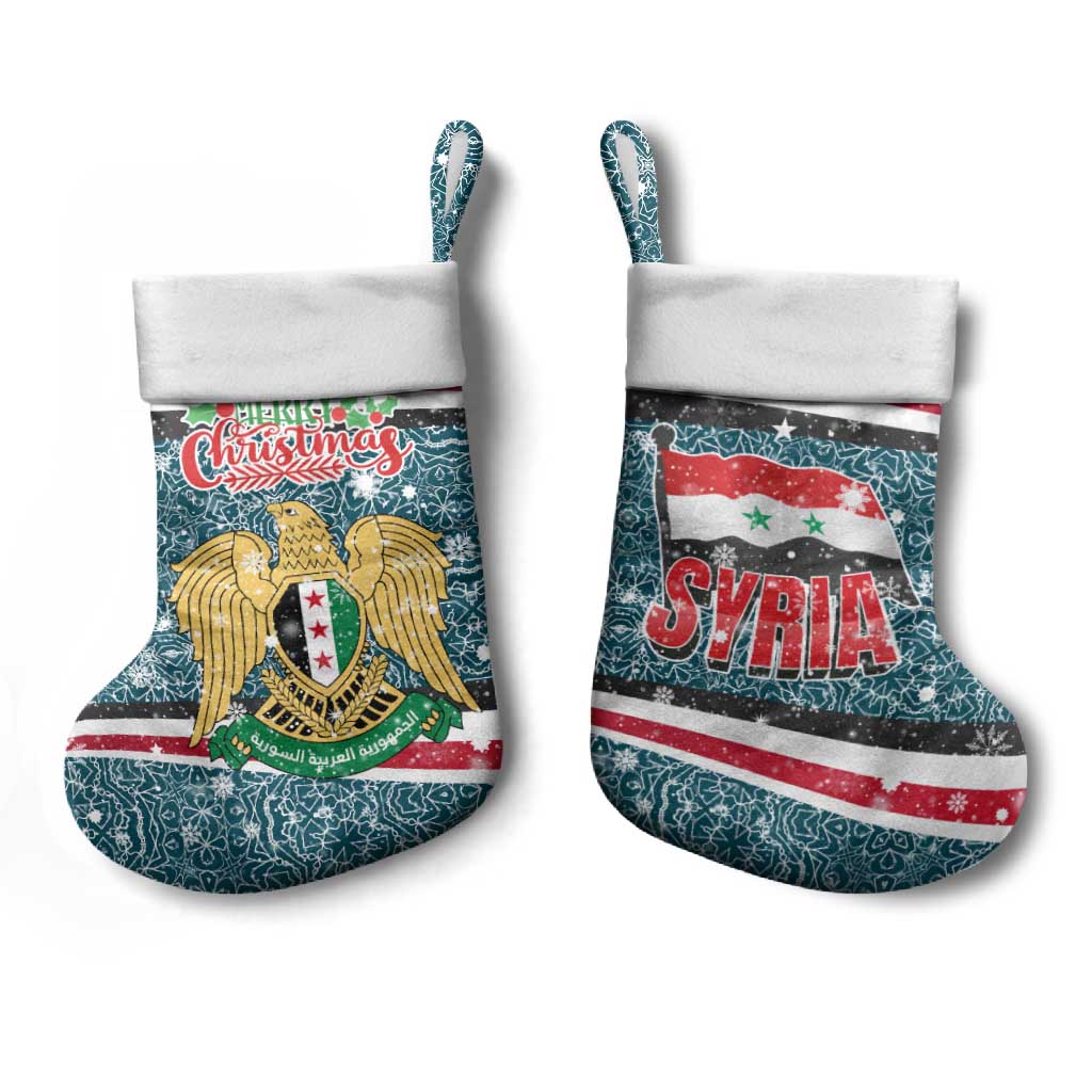 Syria Christmas Stocking with National Flag Motif, Coat of Arms Eagle, and Festive Snowflake Pattern - Wonder Print Shop