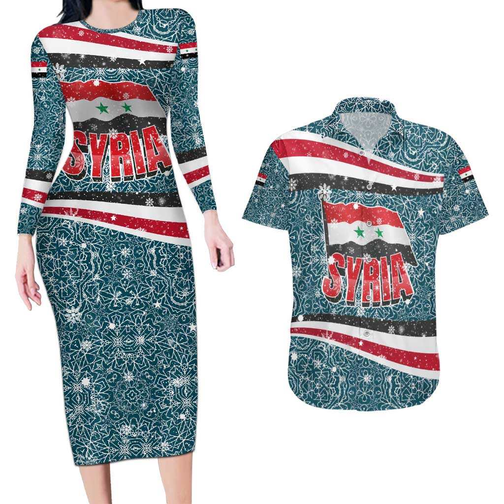 Syria Christmas Couples Matching Long Sleeve Bodycon Dress and Hawaiian Shirt with National Flag Motif, Coat of Arms Eagle, and Festive Snowflake Pattern - Wonder Print Shop
