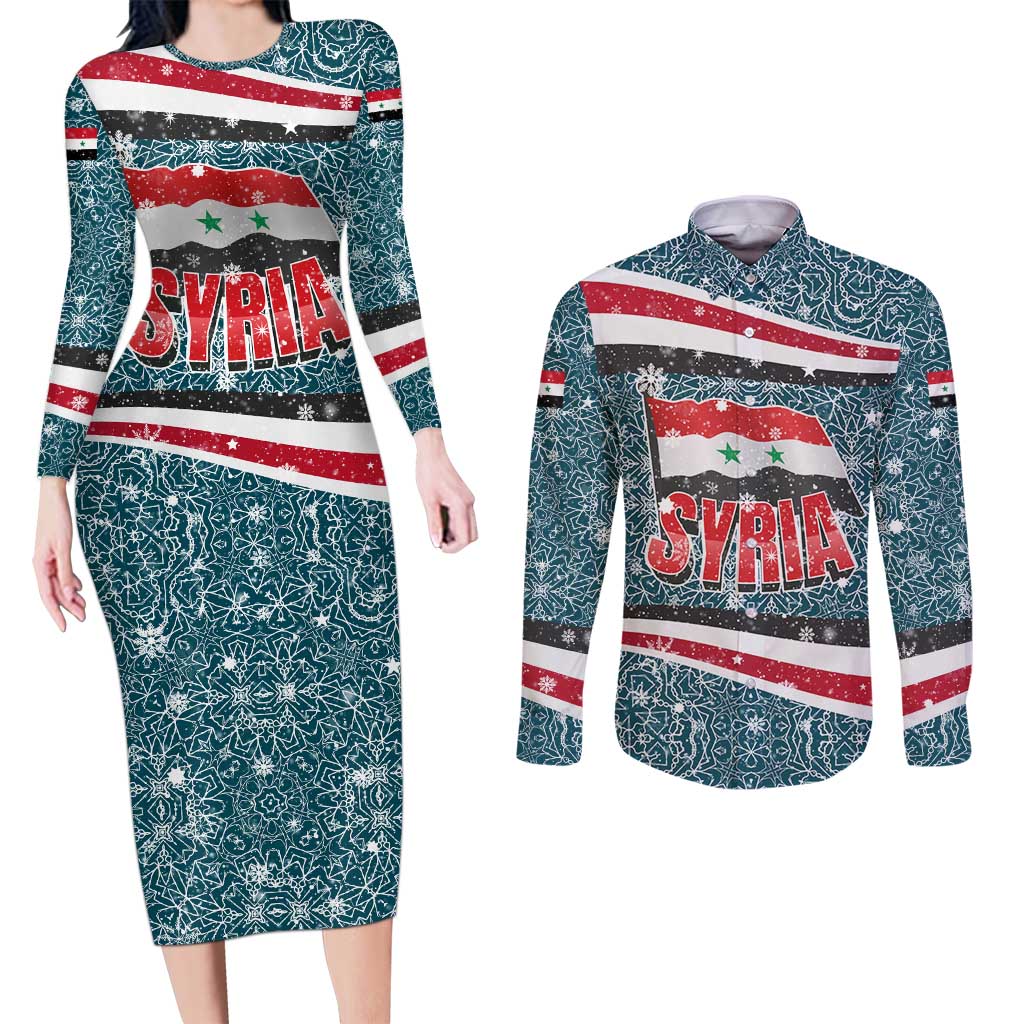 Syria Christmas Couples Matching Long Sleeve Bodycon Dress and Long Sleeve Button Shirt with National Flag Motif, Coat of Arms Eagle, and Festive Snowflake Pattern - Wonder Print Shop