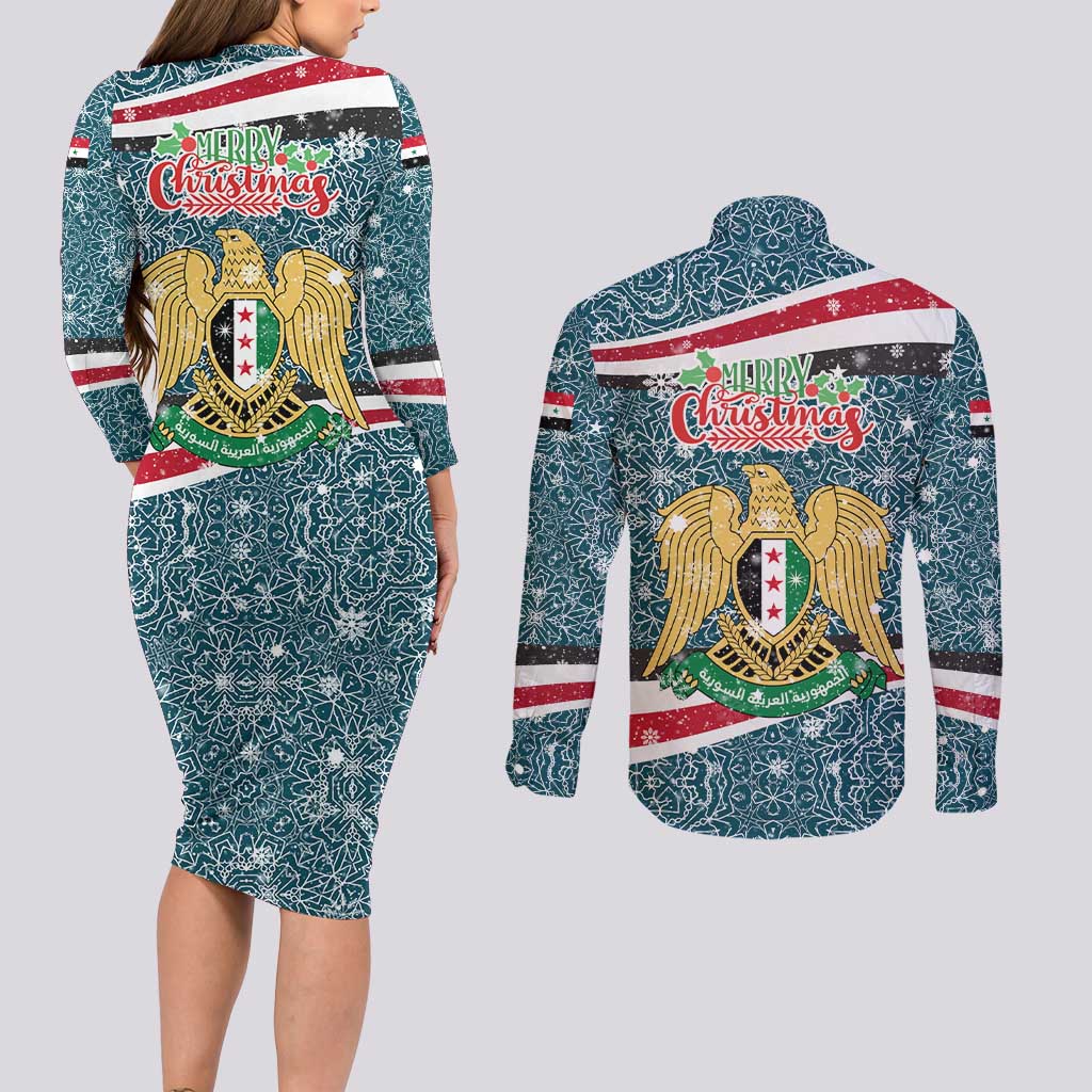 Syria Christmas Couples Matching Long Sleeve Bodycon Dress and Long Sleeve Button Shirt with National Flag Motif, Coat of Arms Eagle, and Festive Snowflake Pattern - Wonder Print Shop