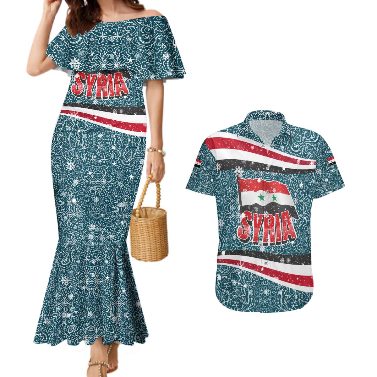 Syria Christmas Couples Matching Mermaid Dress and Hawaiian Shirt with National Flag Motif, Coat of Arms Eagle, and Festive Snowflake Pattern - Wonder Print Shop