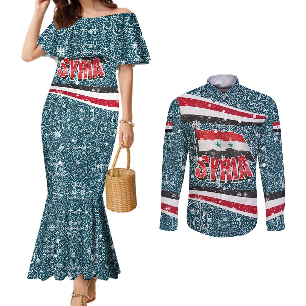 Syria Christmas Couples Matching Mermaid Dress and Long Sleeve Button Shirt with National Flag Motif, Coat of Arms Eagle, and Festive Snowflake Pattern - Wonder Print Shop