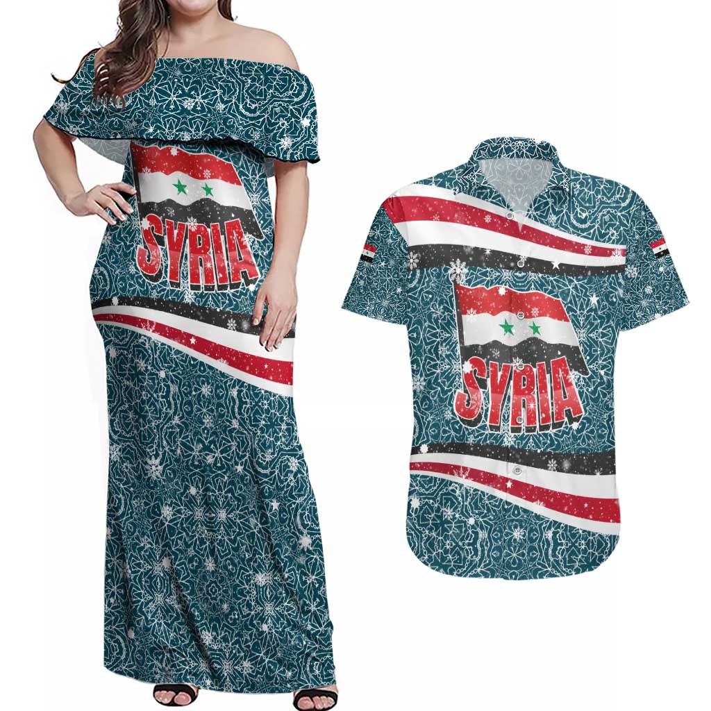 Syria Christmas Couples Matching Off Shoulder Maxi Dress and Hawaiian Shirt with National Flag Motif, Coat of Arms Eagle, and Festive Snowflake Pattern - Wonder Print Shop