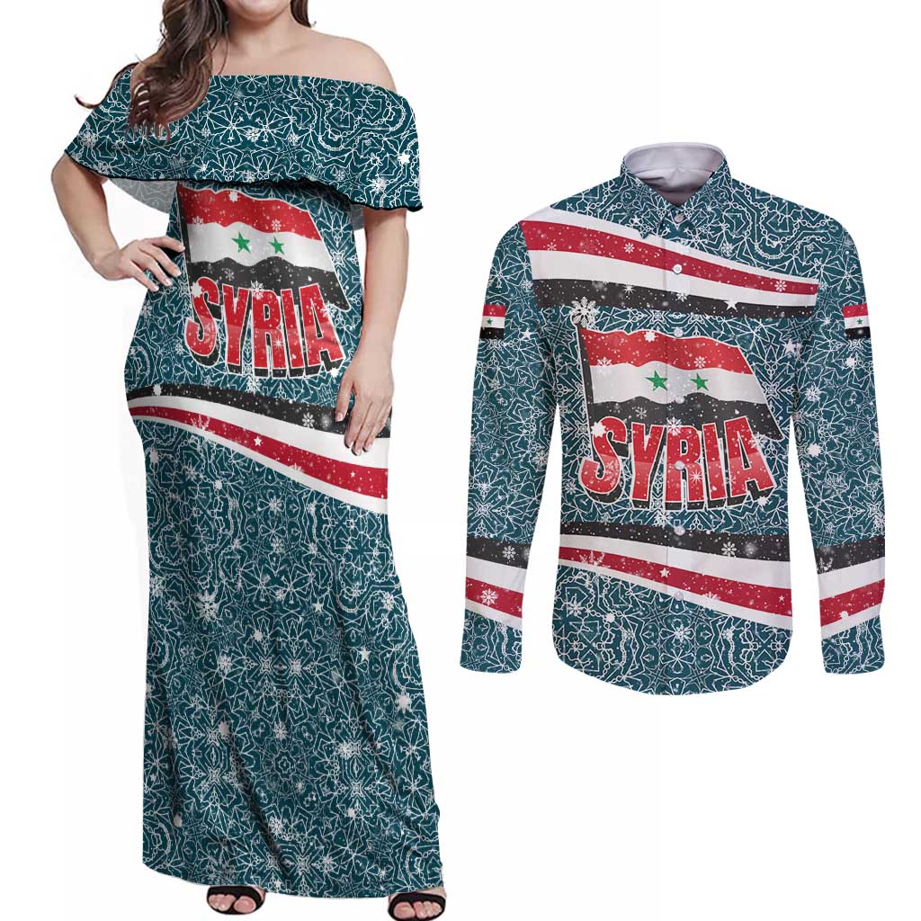 Syria Christmas Couples Matching Off Shoulder Maxi Dress and Long Sleeve Button Shirt with National Flag Motif, Coat of Arms Eagle, and Festive Snowflake Pattern - Wonder Print Shop