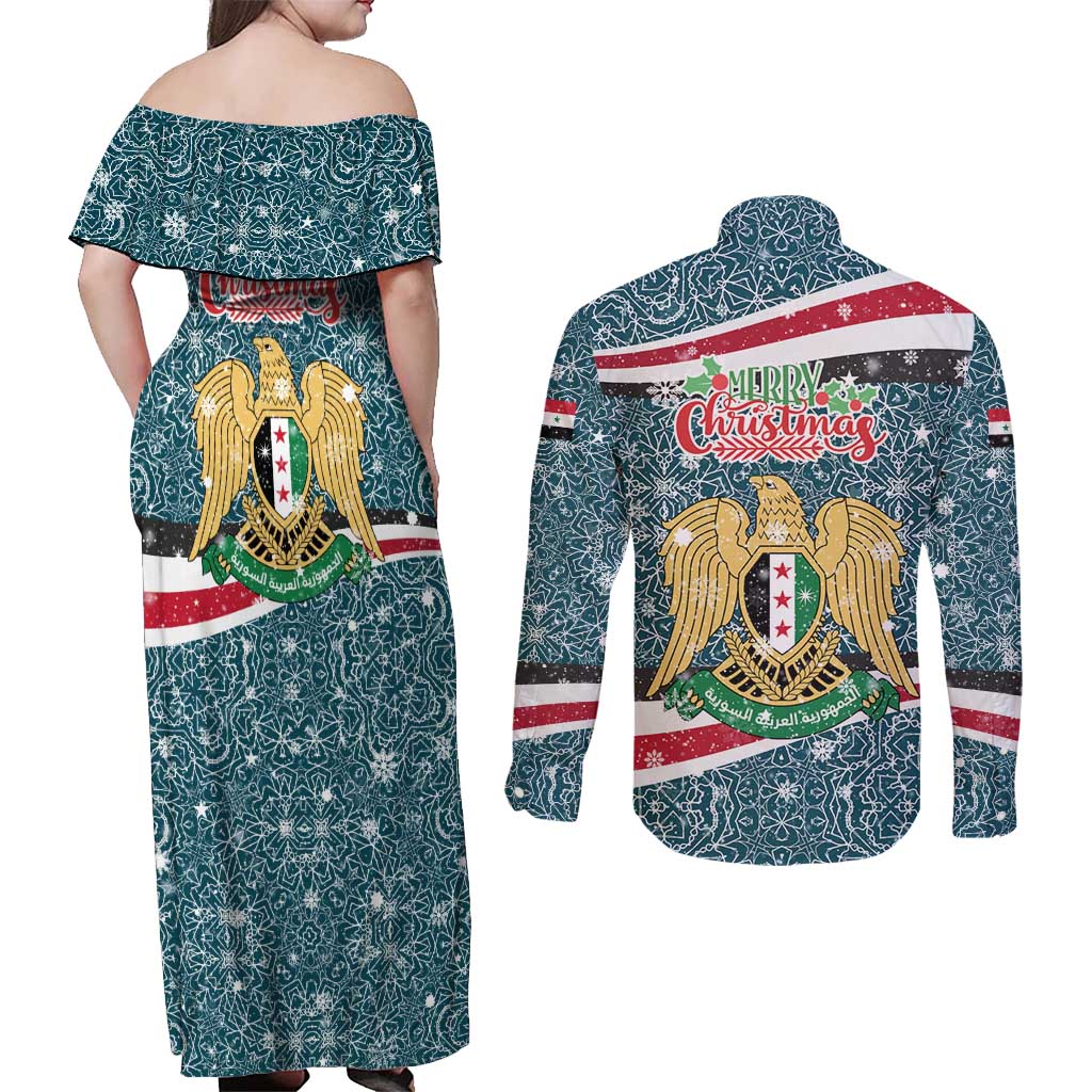 Syria Christmas Couples Matching Off Shoulder Maxi Dress and Long Sleeve Button Shirt with National Flag Motif, Coat of Arms Eagle, and Festive Snowflake Pattern - Wonder Print Shop