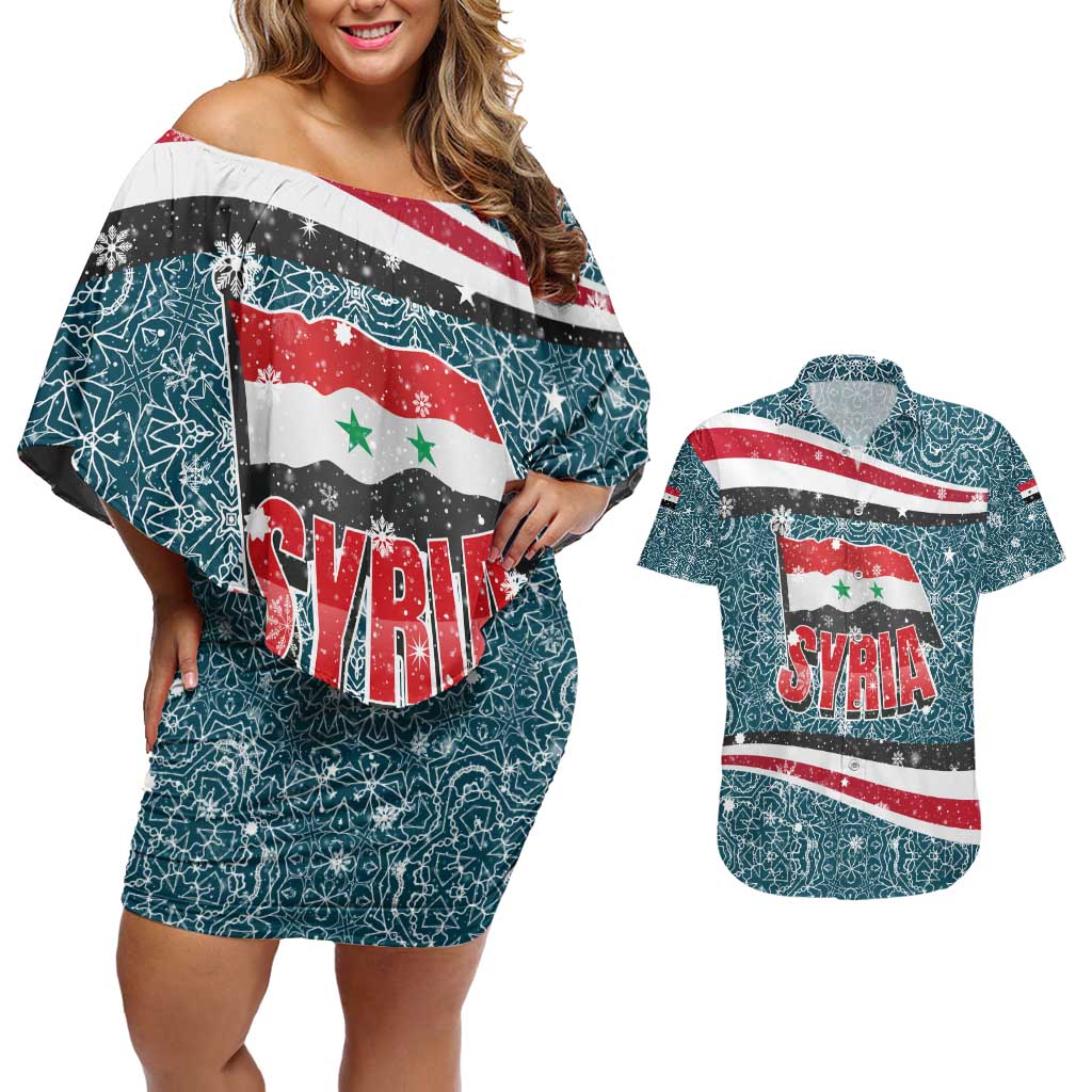 Syria Christmas Couples Matching Off Shoulder Short Dress and Hawaiian Shirt with National Flag Motif, Coat of Arms Eagle, and Festive Snowflake Pattern - Wonder Print Shop