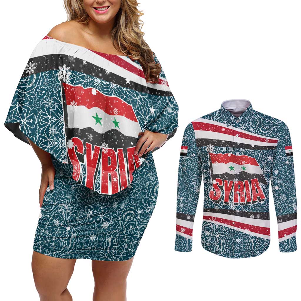 Syria Christmas Couples Matching Off Shoulder Short Dress and Long Sleeve Button Shirt with National Flag Motif, Coat of Arms Eagle, and Festive Snowflake Pattern - Wonder Print Shop