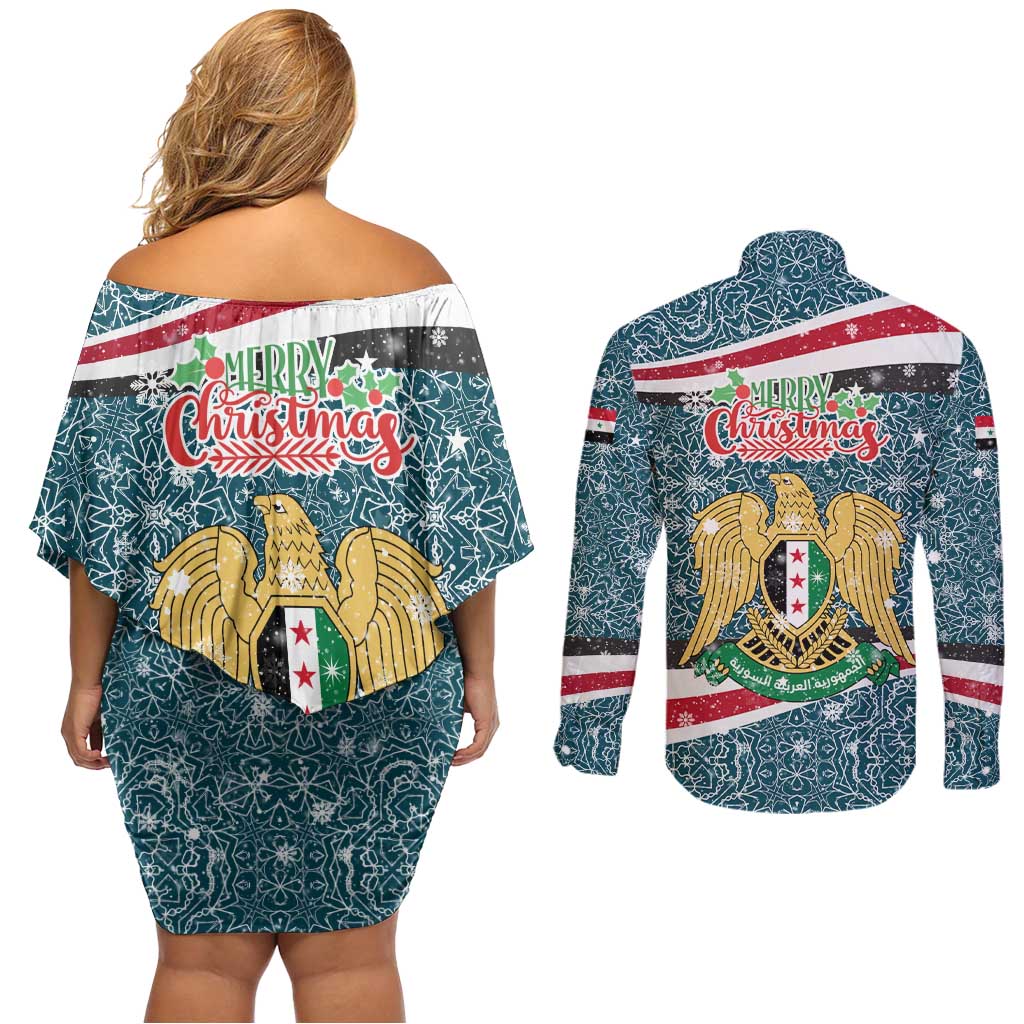 Syria Christmas Couples Matching Off Shoulder Short Dress and Long Sleeve Button Shirt with National Flag Motif, Coat of Arms Eagle, and Festive Snowflake Pattern - Wonder Print Shop