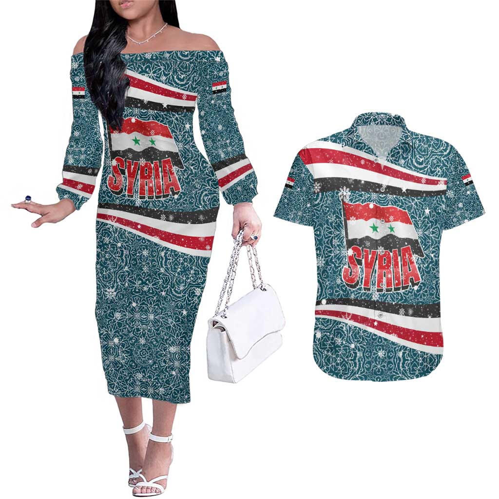 Syria Christmas Couples Matching Off The Shoulder Long Sleeve Dress and Hawaiian Shirt with National Flag Motif, Coat of Arms Eagle, and Festive Snowflake Pattern - Wonder Print Shop