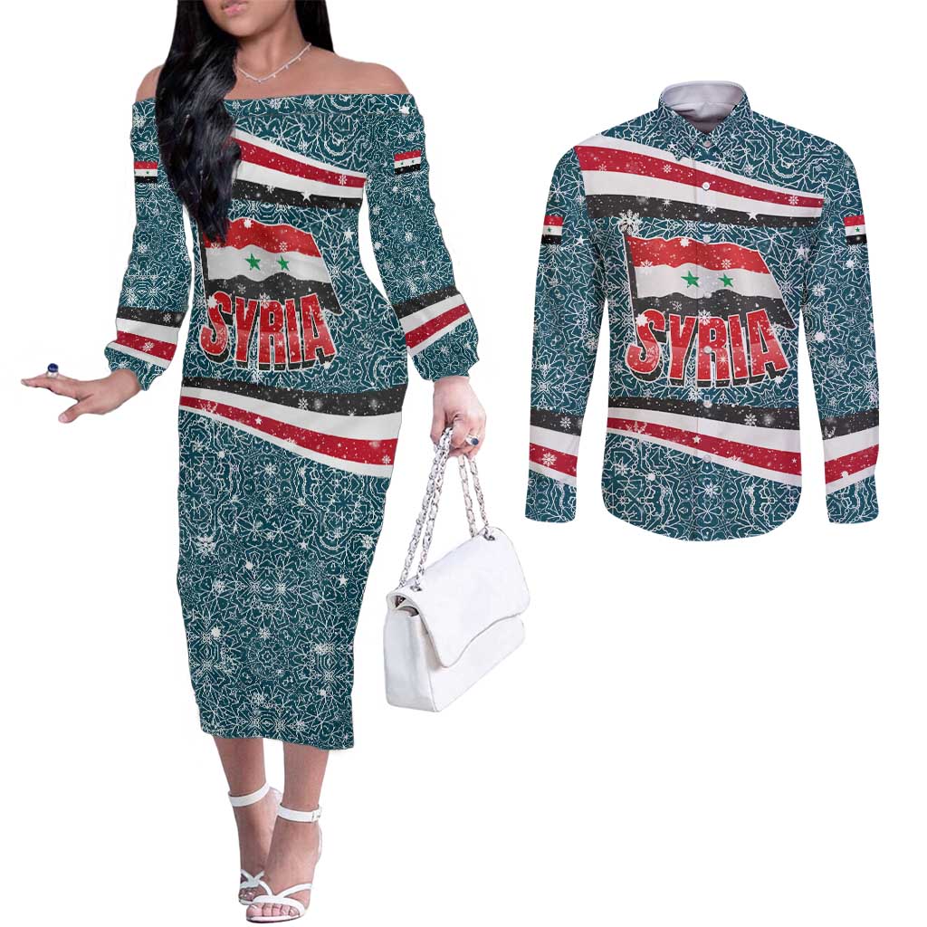 Syria Christmas Couples Matching Off The Shoulder Long Sleeve Dress and Long Sleeve Button Shirt with National Flag Motif, Coat of Arms Eagle, and Festive Snowflake Pattern - Wonder Print Shop