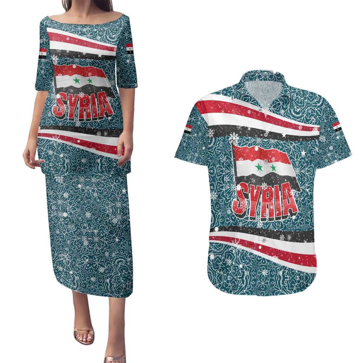 Syria Christmas Couples Matching Puletasi and Hawaiian Shirt with National Flag Motif, Coat of Arms Eagle, and Festive Snowflake Pattern - Wonder Print Shop