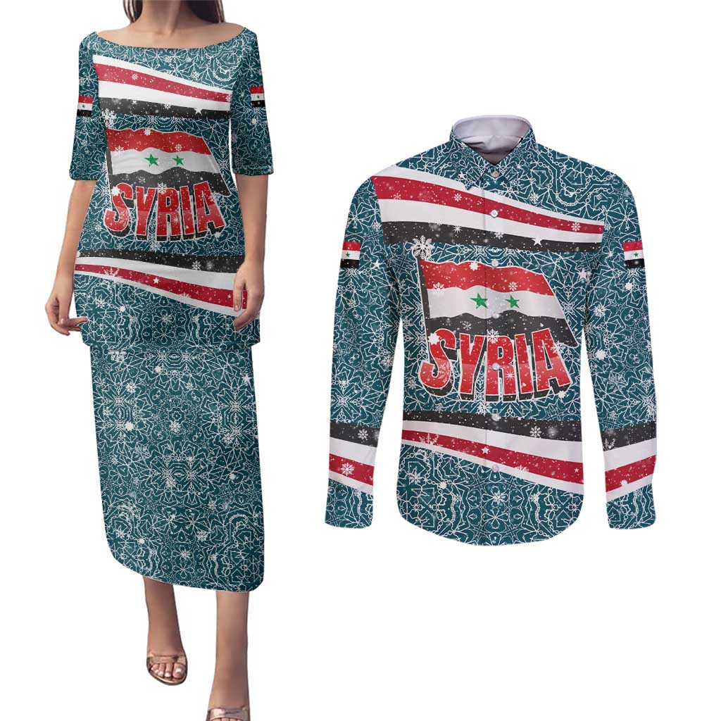 Syria Christmas Couples Matching Puletasi and Long Sleeve Button Shirt with National Flag Motif, Coat of Arms Eagle, and Festive Snowflake Pattern - Wonder Print Shop