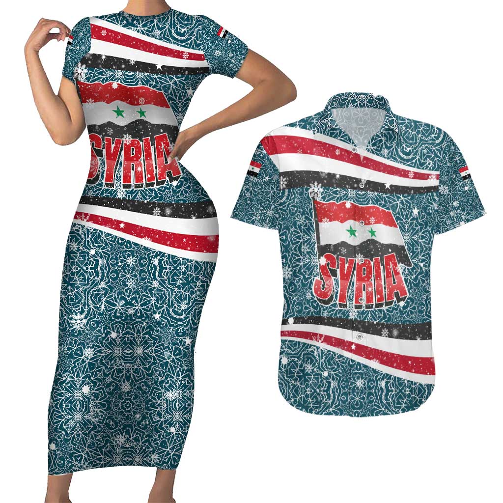 Syria Christmas Couples Matching Short Sleeve Bodycon Dress and Hawaiian Shirt with National Flag Motif, Coat of Arms Eagle, and Festive Snowflake Pattern - Wonder Print Shop