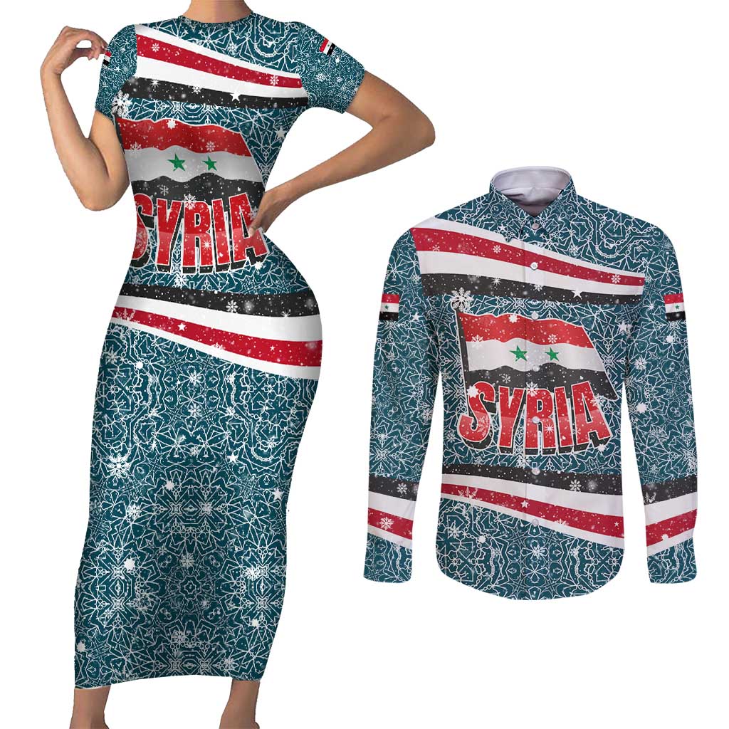 Syria Christmas Couples Matching Short Sleeve Bodycon Dress and Long Sleeve Button Shirt with National Flag Motif, Coat of Arms Eagle, and Festive Snowflake Pattern - Wonder Print Shop