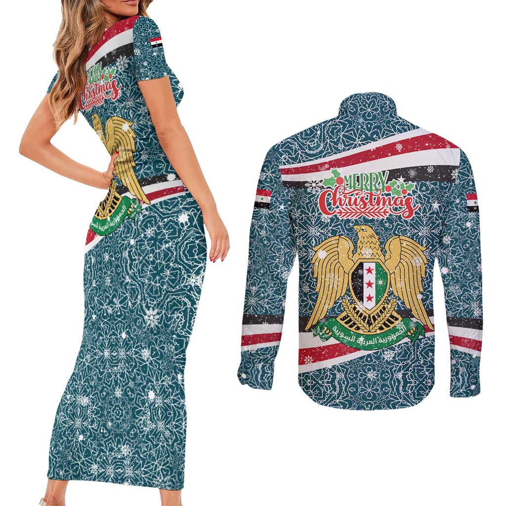 Syria Christmas Couples Matching Short Sleeve Bodycon Dress and Long Sleeve Button Shirt with National Flag Motif, Coat of Arms Eagle, and Festive Snowflake Pattern - Wonder Print Shop