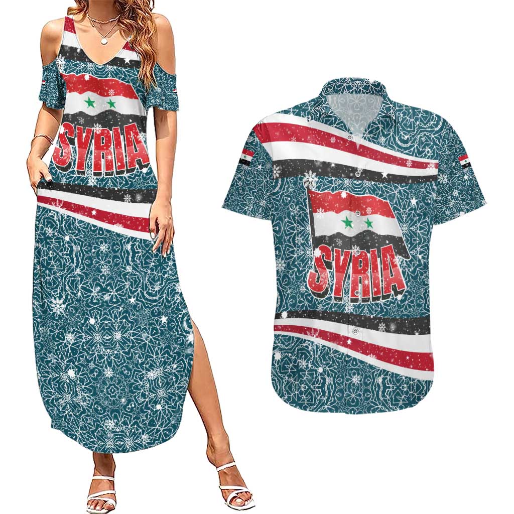 Syria Christmas Couples Matching Summer Maxi Dress and Hawaiian Shirt with National Flag Motif, Coat of Arms Eagle, and Festive Snowflake Pattern - Wonder Print Shop