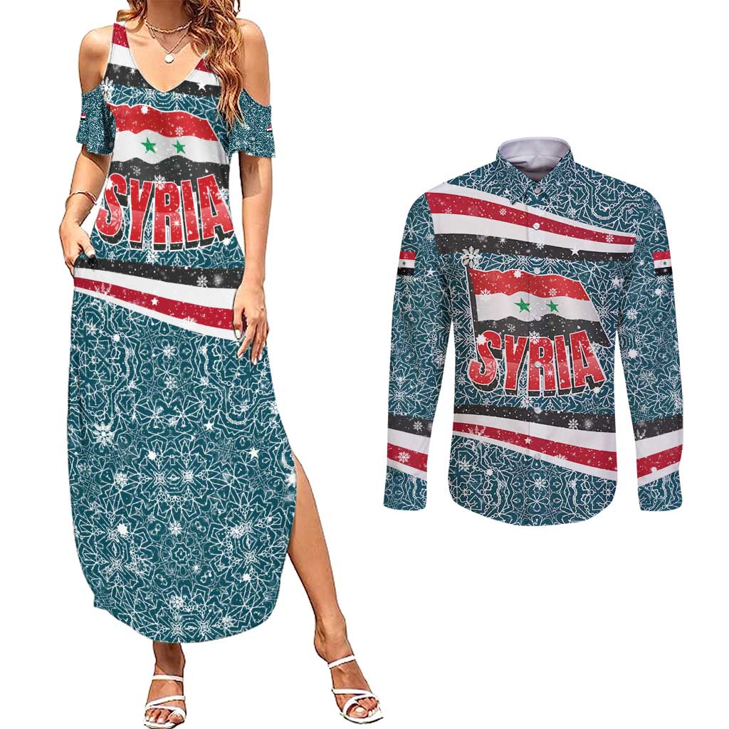 Syria Christmas Couples Matching Summer Maxi Dress and Long Sleeve Button Shirt with National Flag Motif, Coat of Arms Eagle, and Festive Snowflake Pattern - Wonder Print Shop