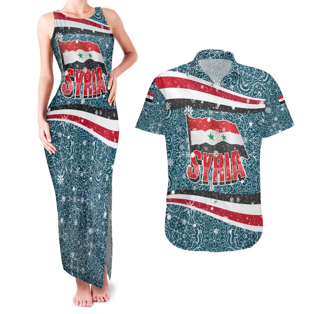 Syria Christmas Couples Matching Tank Maxi Dress and Hawaiian Shirt with National Flag Motif, Coat of Arms Eagle, and Festive Snowflake Pattern - Wonder Print Shop