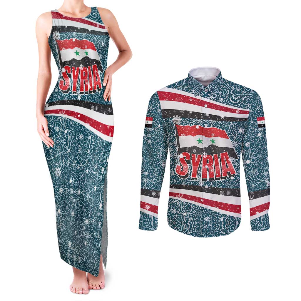 Syria Christmas Couples Matching Tank Maxi Dress and Long Sleeve Button Shirt with National Flag Motif, Coat of Arms Eagle, and Festive Snowflake Pattern - Wonder Print Shop