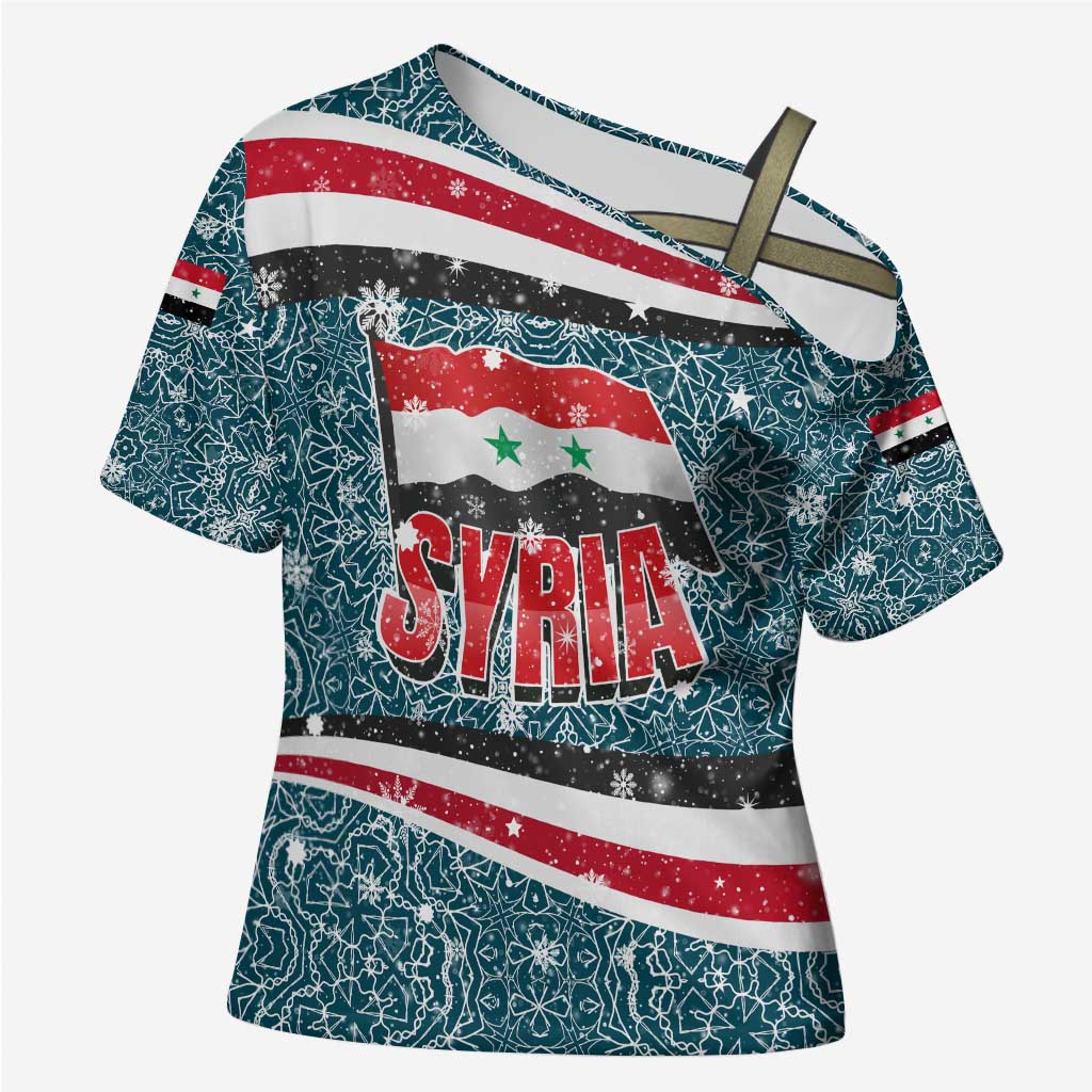Syria Christmas Cross Shoulder Shirt with National Flag Motif, Coat of Arms Eagle, and Festive Snowflake Pattern - Wonder Print Shop