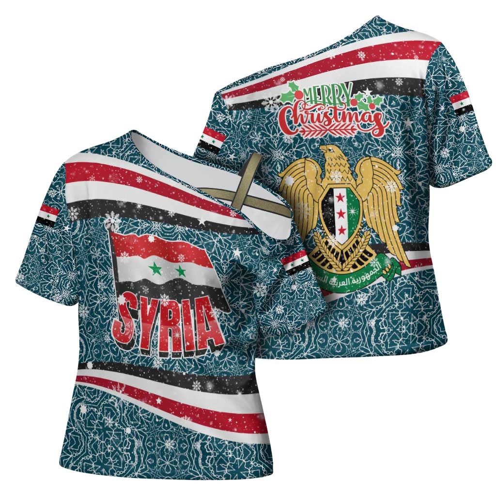 Syria Christmas Cross Shoulder Shirt with National Flag Motif, Coat of Arms Eagle, and Festive Snowflake Pattern - Wonder Print Shop