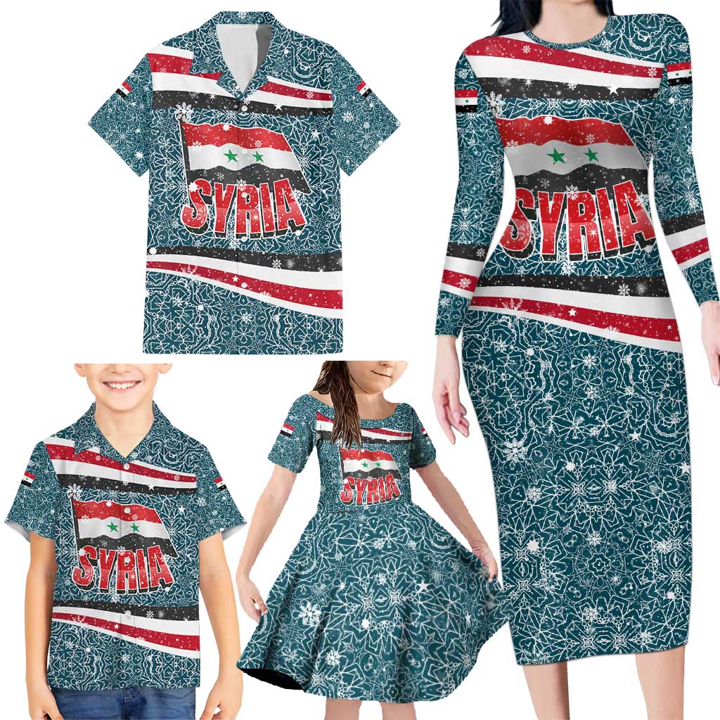 Syria Christmas Family Matching Long Sleeve Bodycon Dress and Hawaiian Shirt with National Flag Motif, Coat of Arms Eagle, and Festive Snowflake Pattern - Wonder Print Shop
