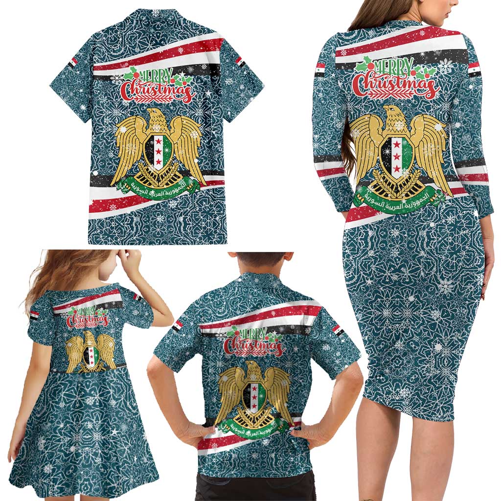 Syria Christmas Family Matching Long Sleeve Bodycon Dress and Hawaiian Shirt with National Flag Motif, Coat of Arms Eagle, and Festive Snowflake Pattern - Wonder Print Shop