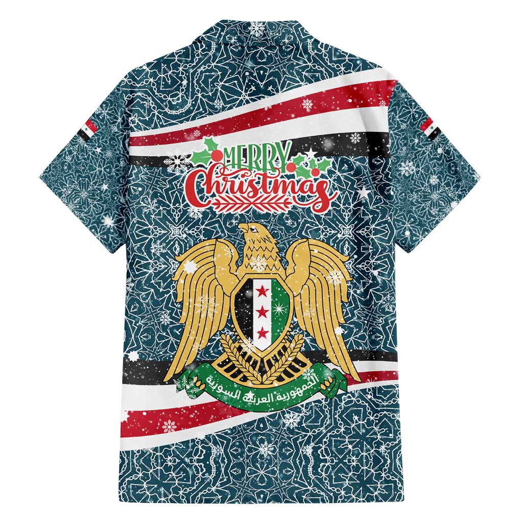 Syria Christmas Family Matching Long Sleeve Bodycon Dress and Hawaiian Shirt with National Flag Motif, Coat of Arms Eagle, and Festive Snowflake Pattern - Wonder Print Shop