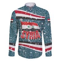 Syria Christmas Family Matching Long Sleeve Bodycon Dress and Hawaiian Shirt with National Flag Motif, Coat of Arms Eagle, and Festive Snowflake Pattern - Wonder Print Shop