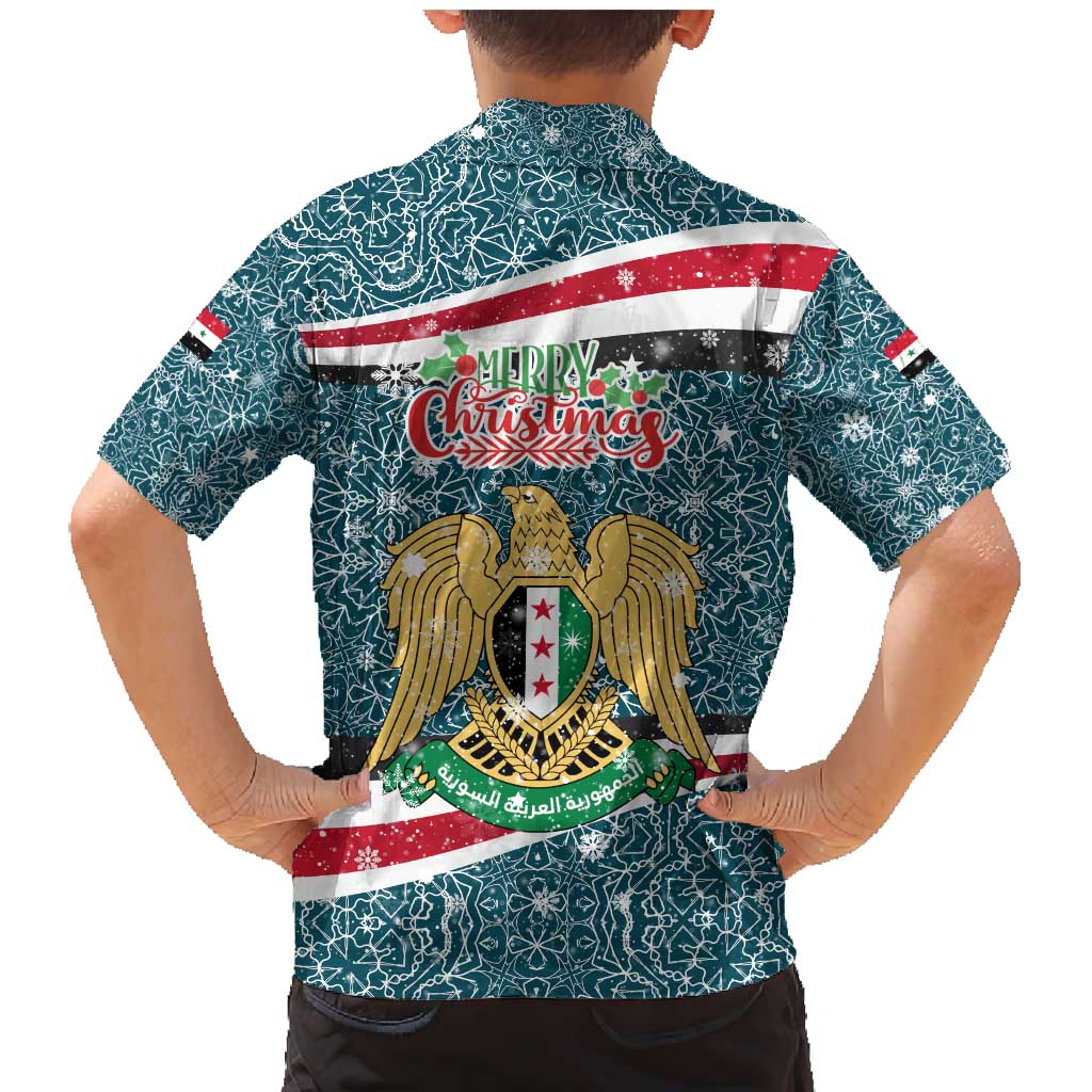 Syria Christmas Family Matching Mermaid Dress and Hawaiian Shirt with National Flag Motif, Coat of Arms Eagle, and Festive Snowflake Pattern - Wonder Print Shop