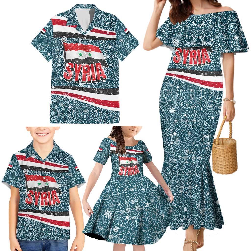 Syria Christmas Family Matching Mermaid Dress and Hawaiian Shirt with National Flag Motif, Coat of Arms Eagle, and Festive Snowflake Pattern - Wonder Print Shop